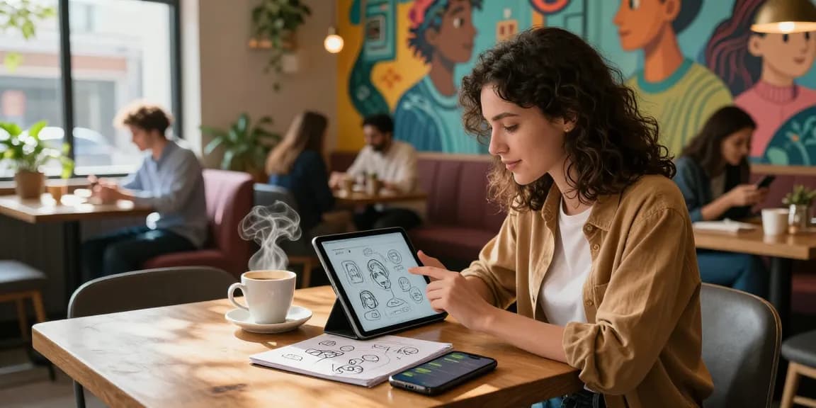 AI girlfriend interaction in a trendy cafe setting with vibrant decor and warm lighting.