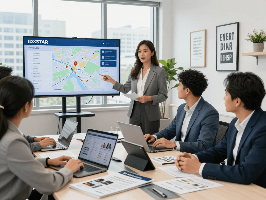 IDXSTAR analytics presentation in a modern real estate office with a diverse team discussing property strategies.