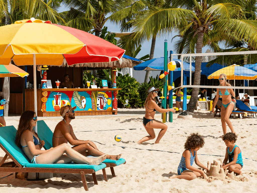 Friends in stylish BIKINISLOT swimwear enjoying a vibrant beach day with cocktails and volleyball.