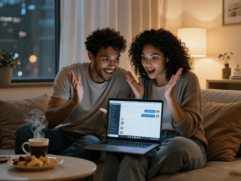 AI chat porn interaction in a cozy digital setting with a couple engaging on a laptop.