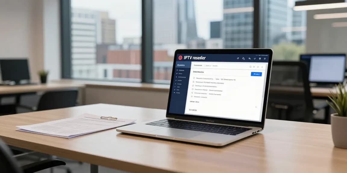 A professional IPTV reseller using the Best IPTV Panel Provider in a vibrant UK office.