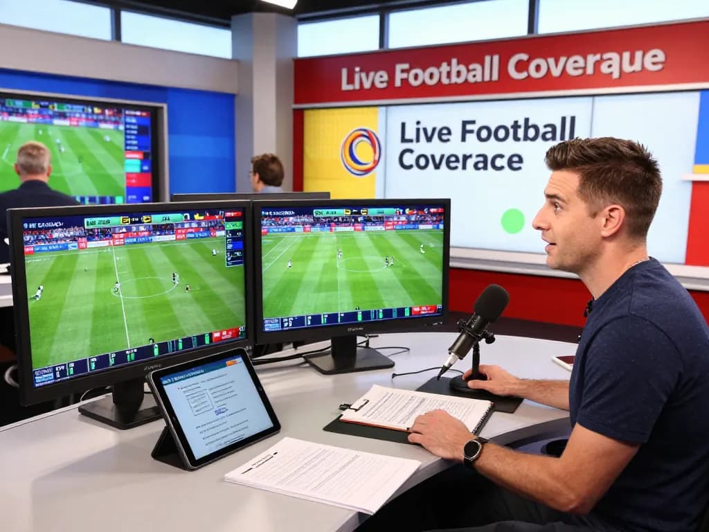 Live football broadcast scene showcasing trực tiếp bóng đá with analysts discussing match statistics.