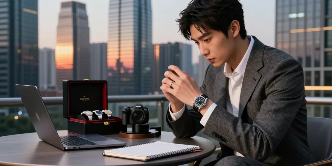 Luxurious replica watch displayed stylishly while being examined for quality and elegance in an urban evening setting.