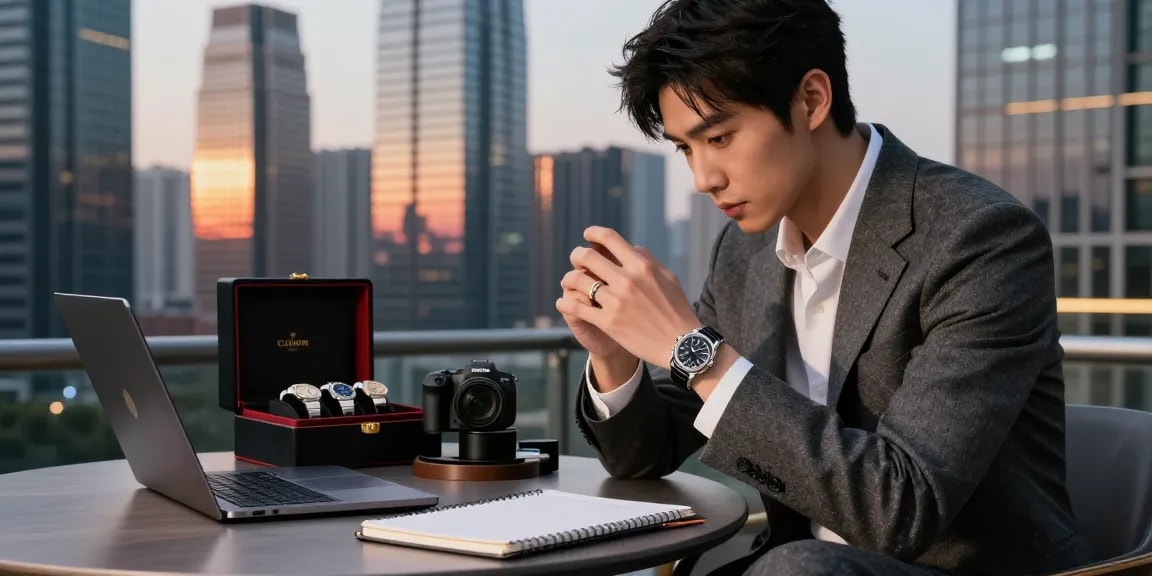 Luxurious replica watch displayed stylishly while being examined for quality and elegance in an urban evening setting.