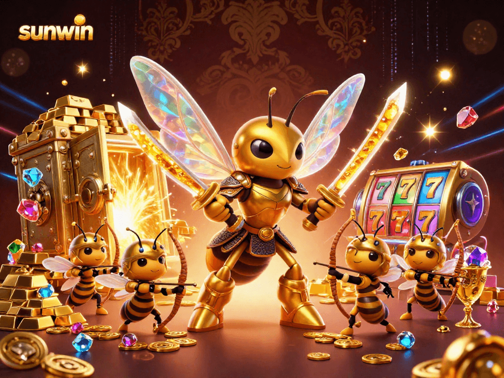 Engage with sunwin's vibrant 3D casino scene featuring a golden hornet samurai, symbolizing thrilling gameplay.