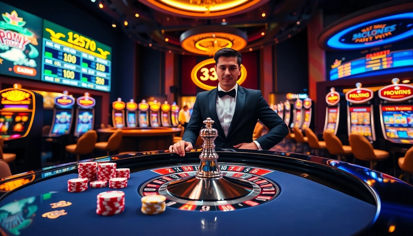 Players enjoying a thrilling game at 33win casino with vibrant poker chips and roulette.
