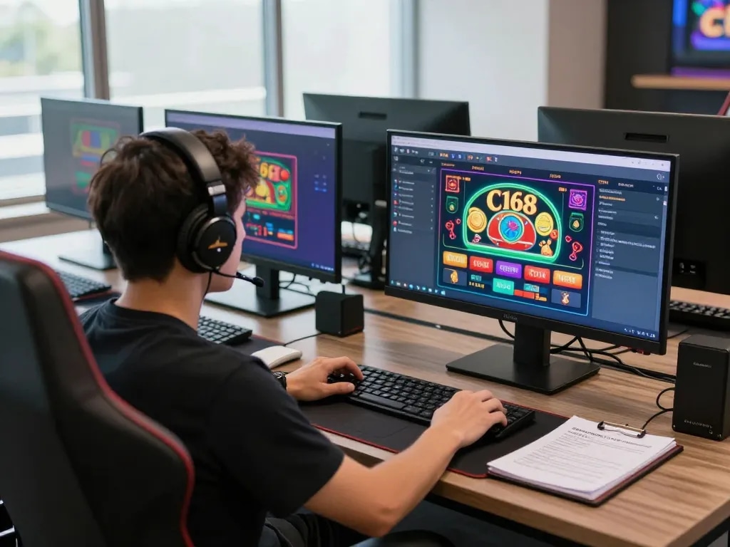 C168 online gaming interface displayed on multiple screens with strategic notes nearby