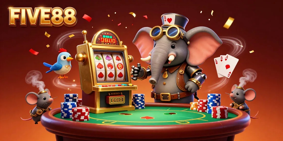 Experience FIVE88's thrilling slot action with a steampunk elephant and vibrant poker elements.
