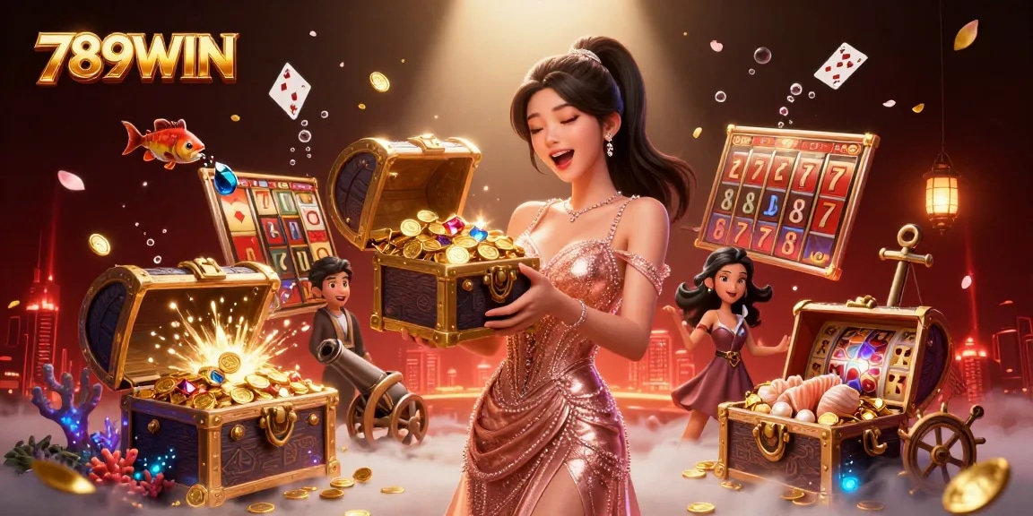Join the excitement of 789WIN with a vibrant scene of slot games and treasure as a joyful woman presents riches.