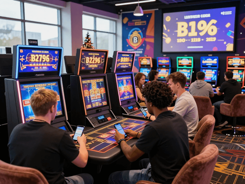 Online casino scene showcasing non GamStop casinos for UK players, featuring vibrant gaming activities and modern decor.