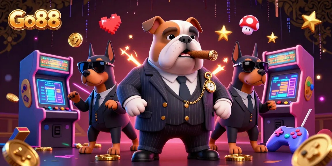 Go88 gaming scene with a mafia boss bulldog and Doberman bodyguards playing arcade games and winning prizes.