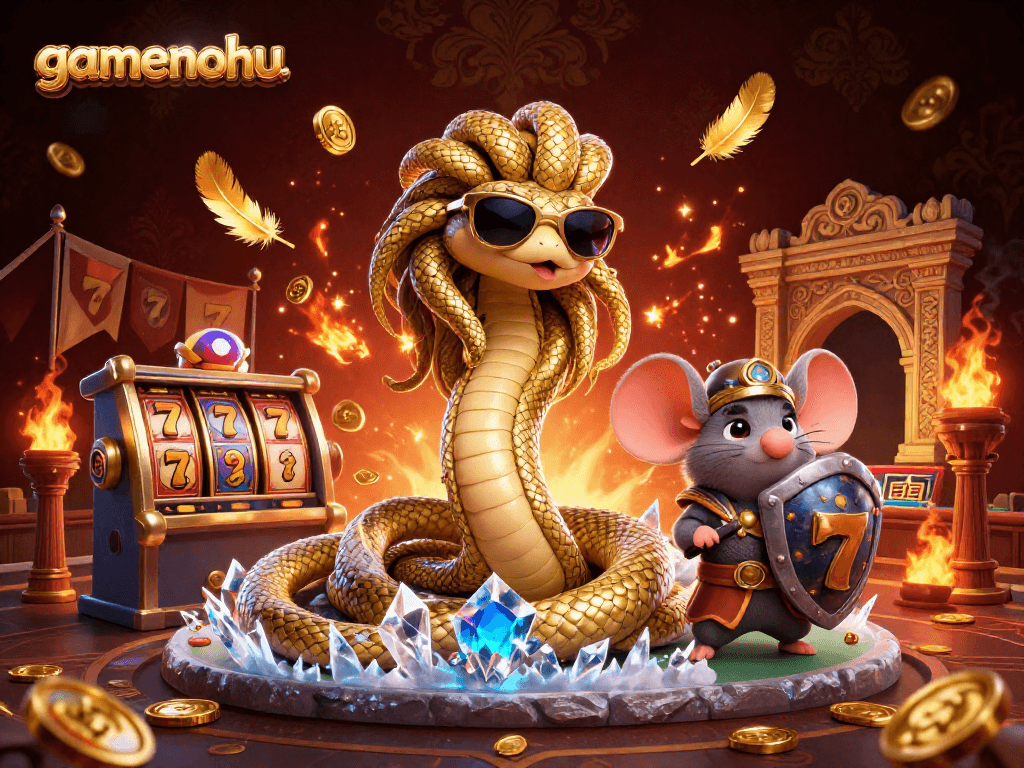 Experience exciting wins with gamenohu in a vibrant casino scene featuring Medusa and a warrior.