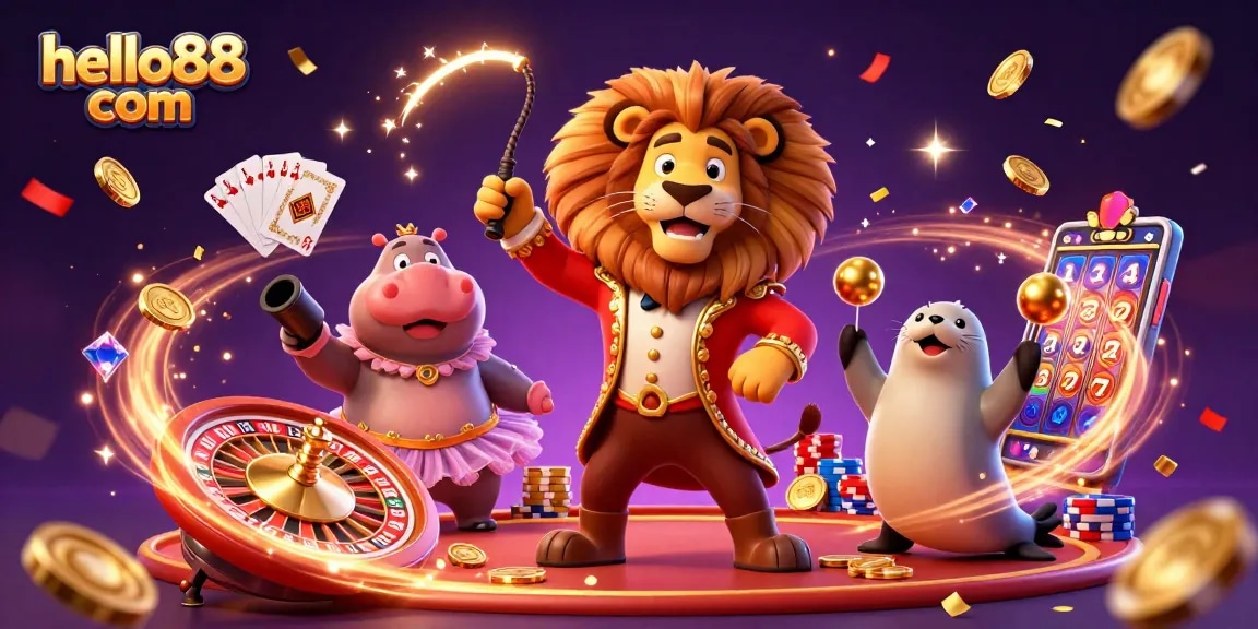 Experience thrilling gaming at hello88 com with vibrant characters and casino elements in a rich 3D scene.