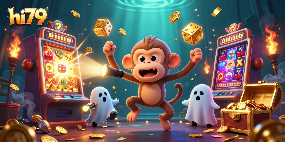 Engage with exciting hi79 casino action featuring a playful ghost monkey in a vibrant slot machine scene.