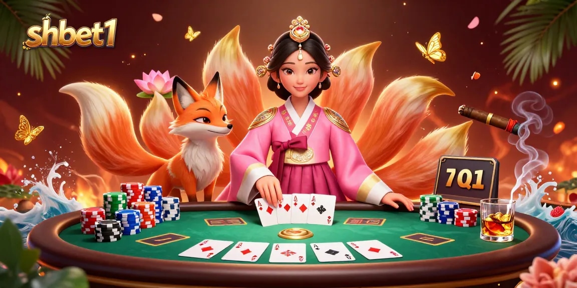 Engage with shbet1 at a vibrant poker scene featuring an elegant Asian woman and a lucky fox.