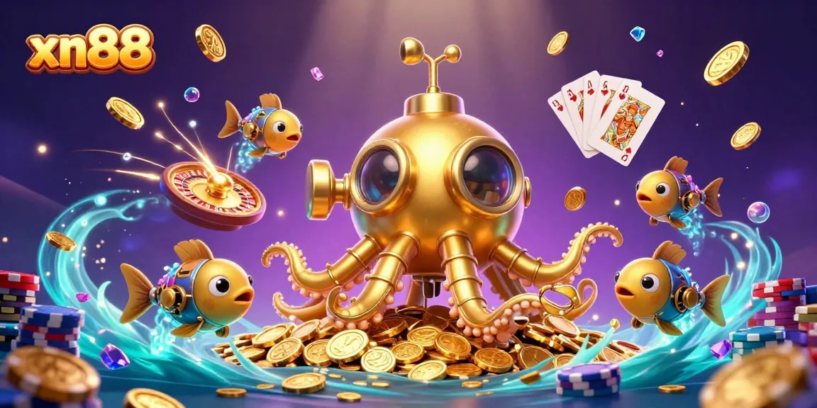 Engage with the exciting xn88 world, featuring a golden kraken and dynamic casino elements.