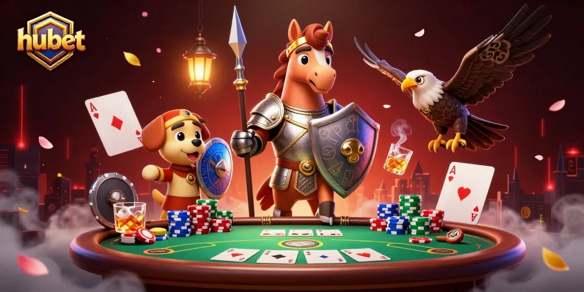 Engage with hubet's vibrant casino scene featuring heroic characters and poker-themed elements.