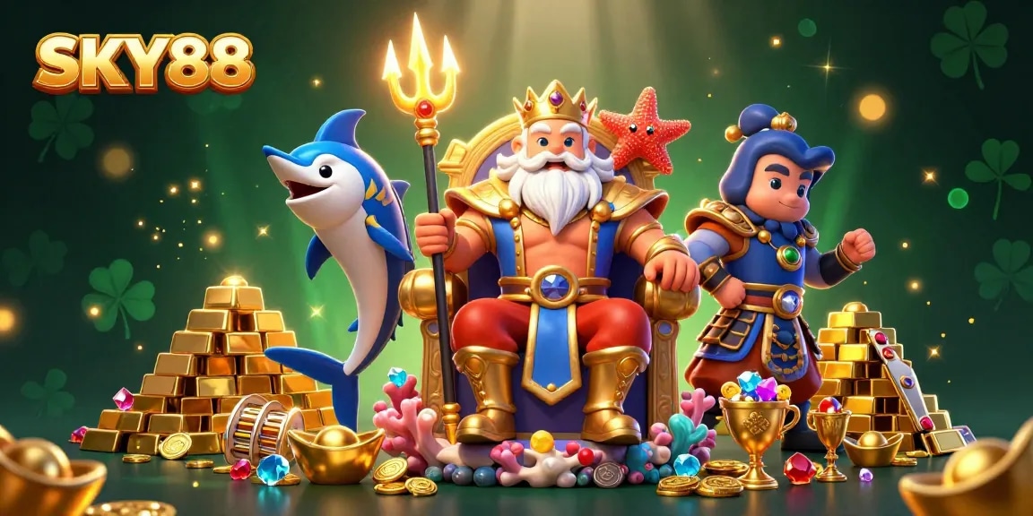 Engage in thrilling gameplay at SKY88 with vibrant characters, gold treasures, and sparkling jewels.