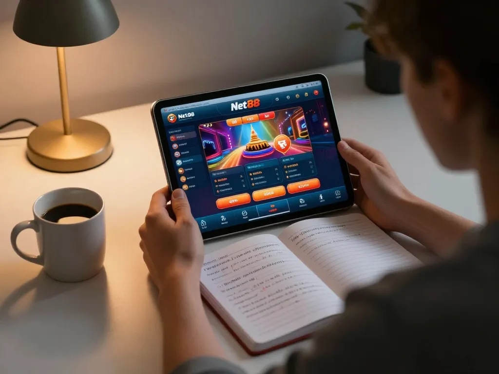 Player engages with the Net88 casino app on a tablet, showcasing a responsible online gaming environment.