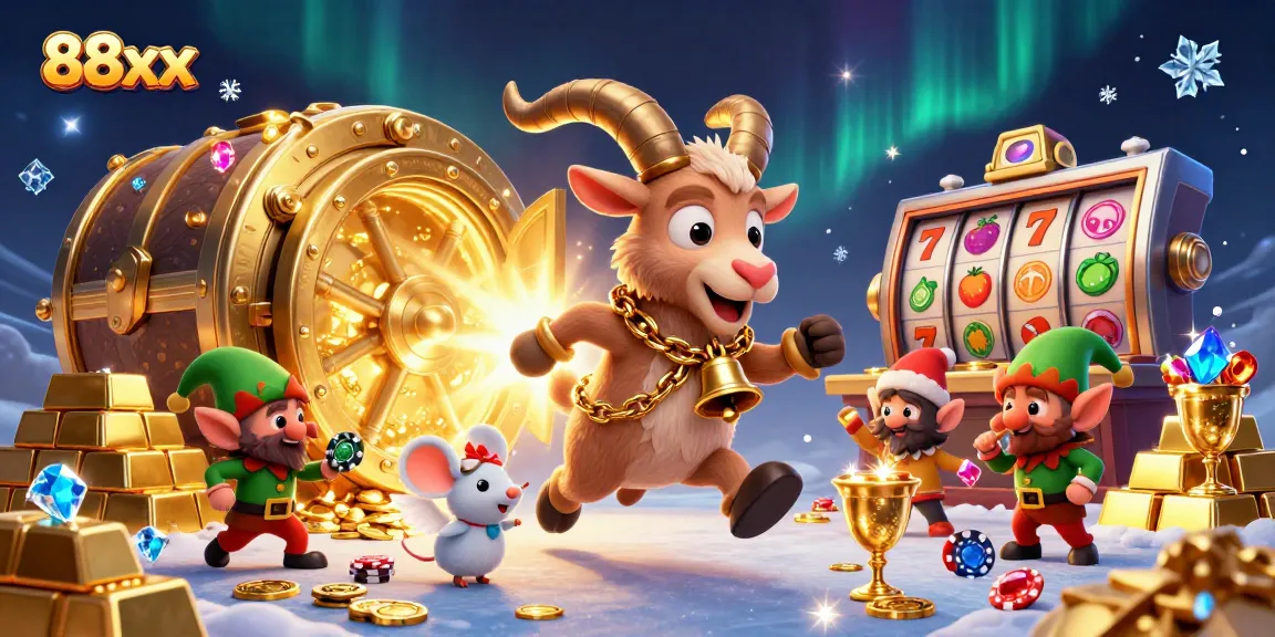 Experience exciting gaming at 88xx with festive Krampus and casino-themed elements amid dazzling treasures.