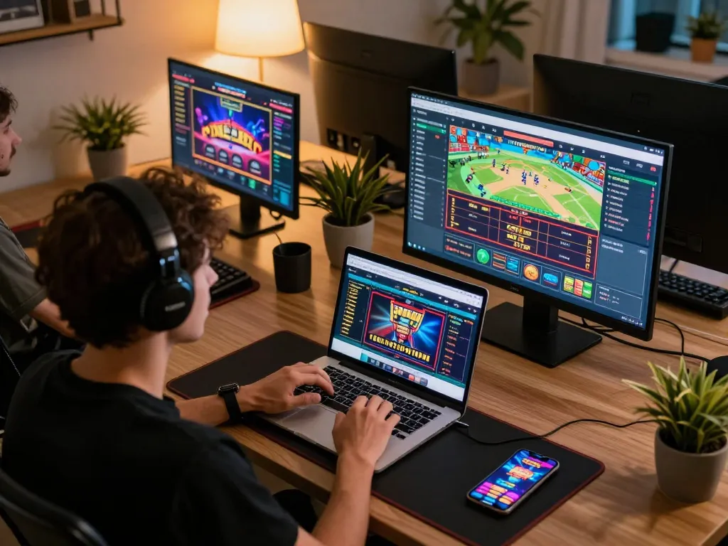 Engaging online gaming session on https://mm88.london/ with multiple screens showcasing casino games and sports betting.
