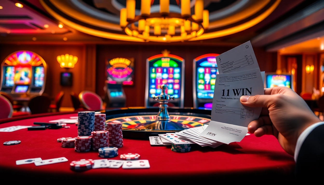 Experience the thrill of winning with 11 WIN in a vibrant casino setting featuring poker chips and roulette.