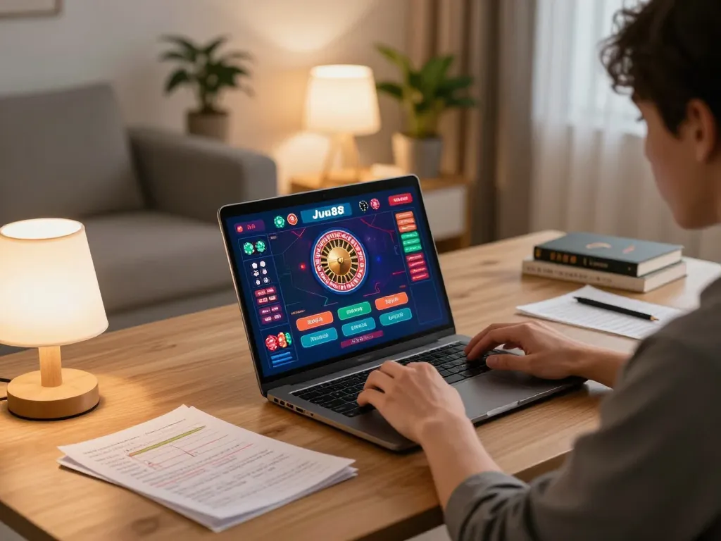 Player engaging with Jun88's online casino interface during a cozy home gaming session