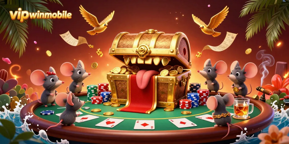 Experience the excitement of vipwinmobile with vibrant casino elements in this 3D treasure scene.