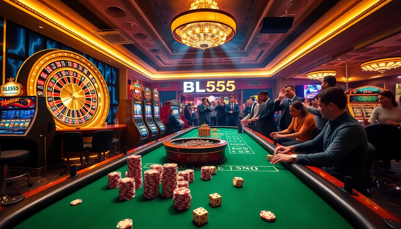 Exciting gameplay at BL555 casino featuring poker tables, roulette wheel, and slot machines illuminated by vibrant lights.