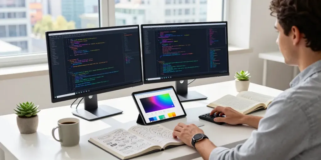 Developer utilizing instant indexing tools at a modern tech workspace, with vibrant screens displaying code.