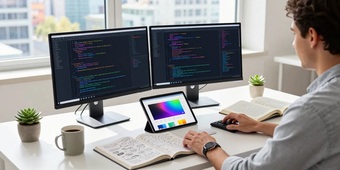 Developer utilizing instant indexing tools at a modern tech workspace, with vibrant screens displaying code.