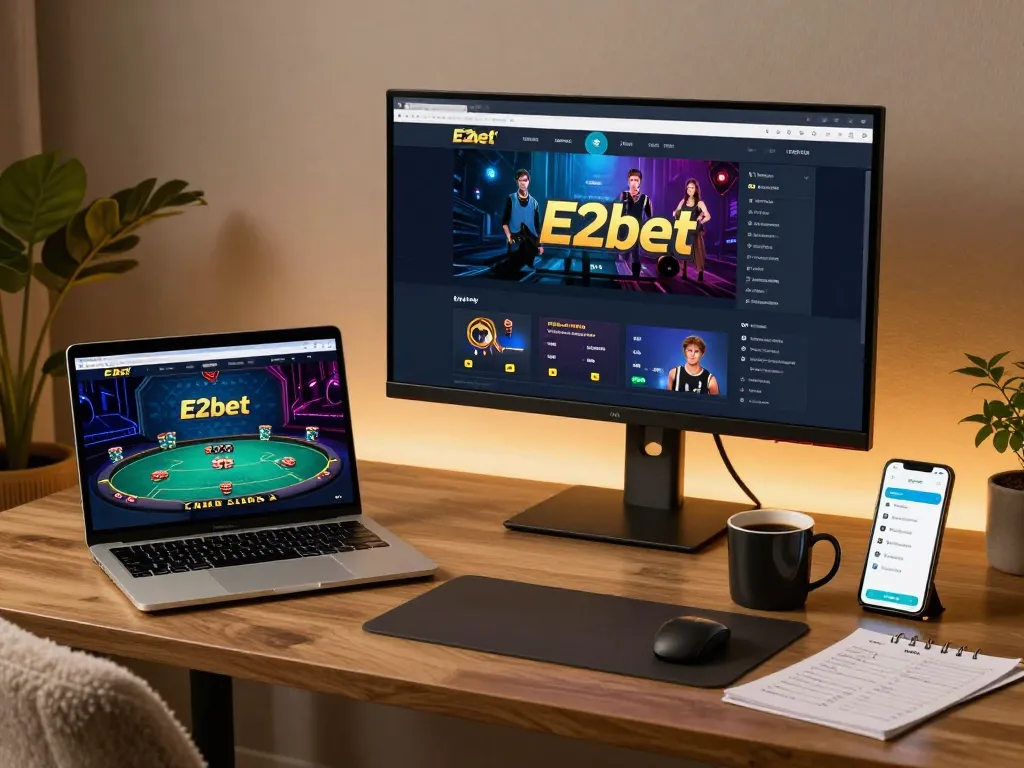 E2bet gaming setup featuring a sleek laptop and smartphone, capturing the essence of online gambling excitement at home.