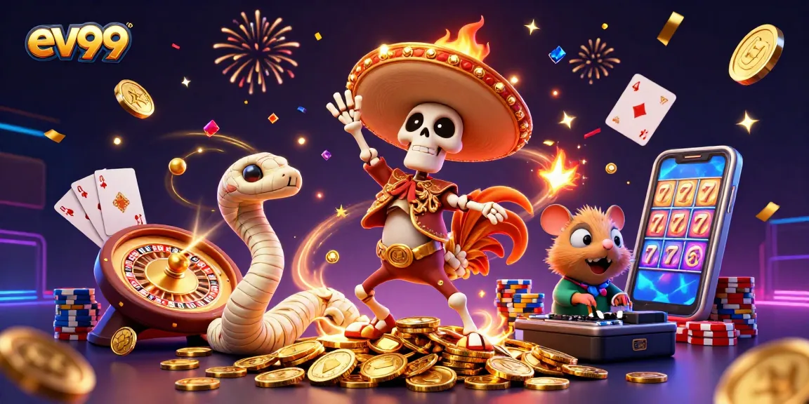 Experience the excitement of ev99 with a festive casino scene bursting with gaming energy.