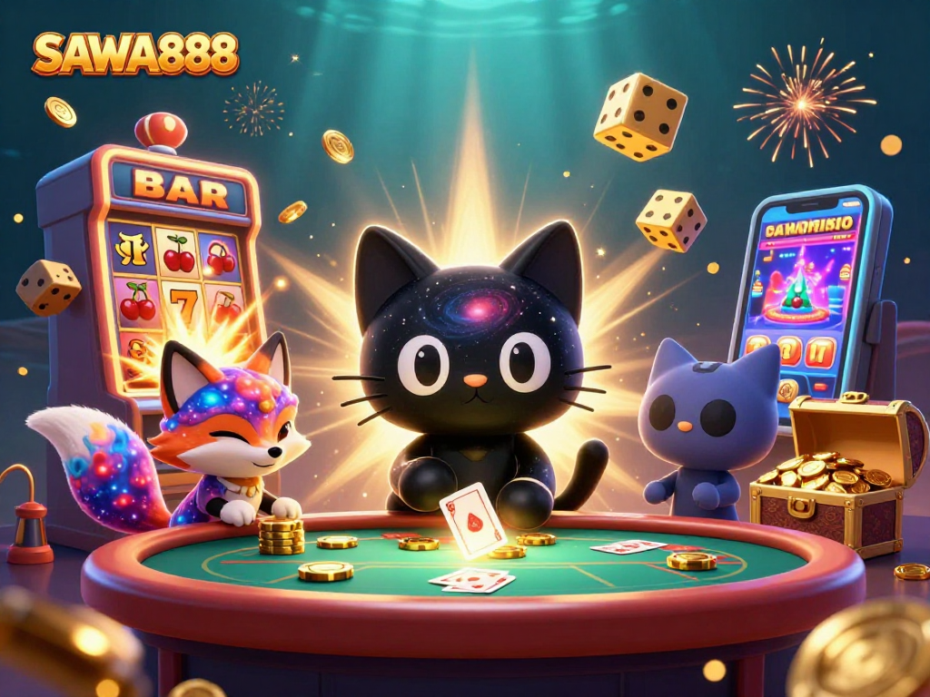 Experience thrilling gaming with SAWA888's cosmic casino illustration featuring unique characters and slot symbols.