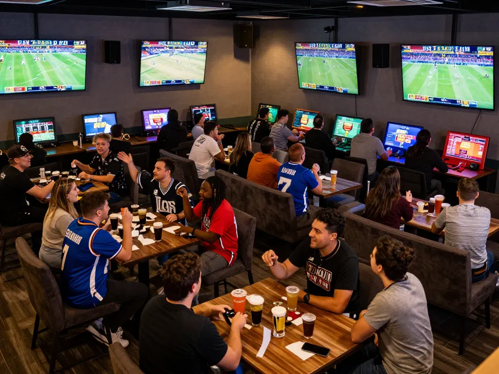 Fans engaging with sports betting excitement at keonhacaii88 lounge, showcasing lively atmosphere and strategic discussions