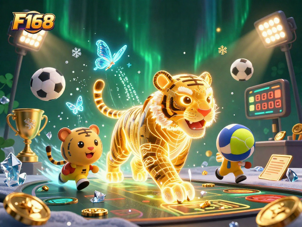 Experience the dynamic thrills of F168 with a neon digital tiger in a vibrant casino scene.