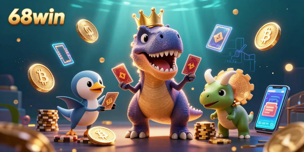 Experience the thrill of 68win with vibrant colorful 3D casino characters and crypto assets.