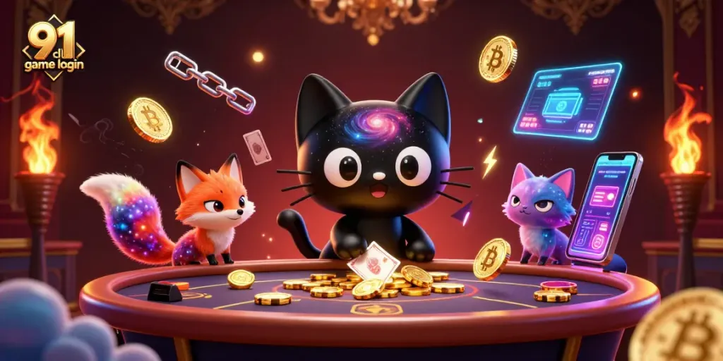 Play with exciting games on the 91 club game login hub, featuring vibrant characters and cosmic casino elements.