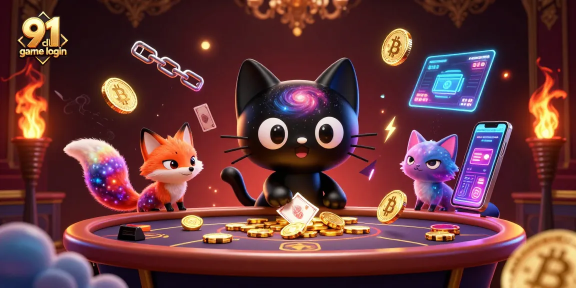 Play with exciting games on the 91 club game login hub, featuring vibrant characters and cosmic casino elements.