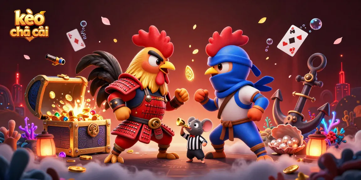 Engage in electrifying action with kèo nhà cái, featuring epic roosters in battle amidst gold coins and vibrant casino elements.