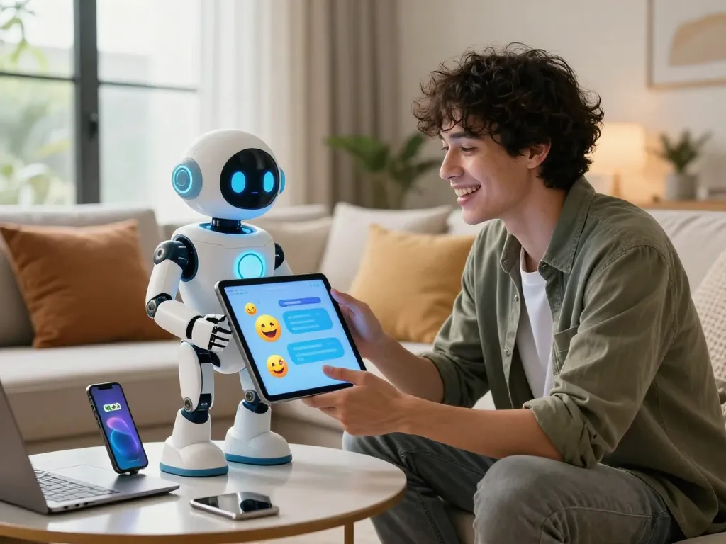 User engaging in ai porn chat with a friendly AI chatbot on a tablet in a cozy living room.