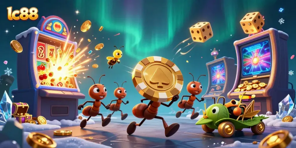 Experience thrilling gameplay with lc88 as cartoon ants pull off a heist under the glow of jackpot excitement.