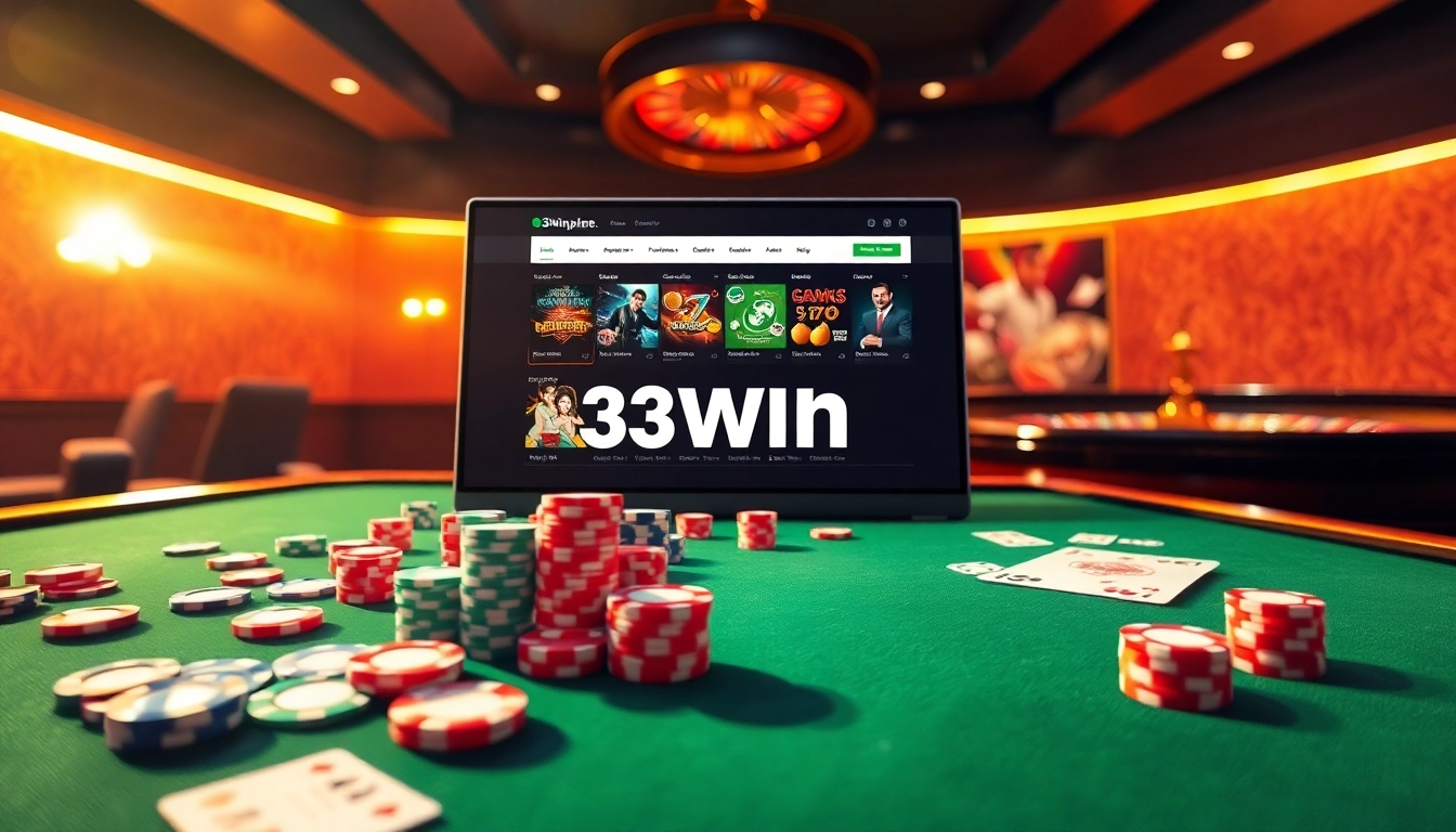 Engage with thrilling gaming experiences from https://33win.place/ featuring vibrant casino tables, poker chips, and roulette wheels.