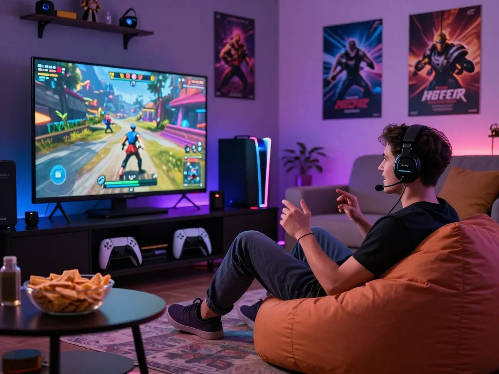 Player immersed in gem88 gaming experience in vibrant living room setting.