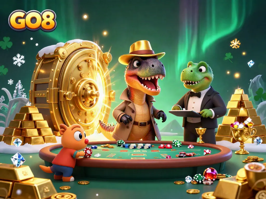 GO8 offers exciting blackjack action with a cartoon velociraptor and other characters in a vibrant casino scene.