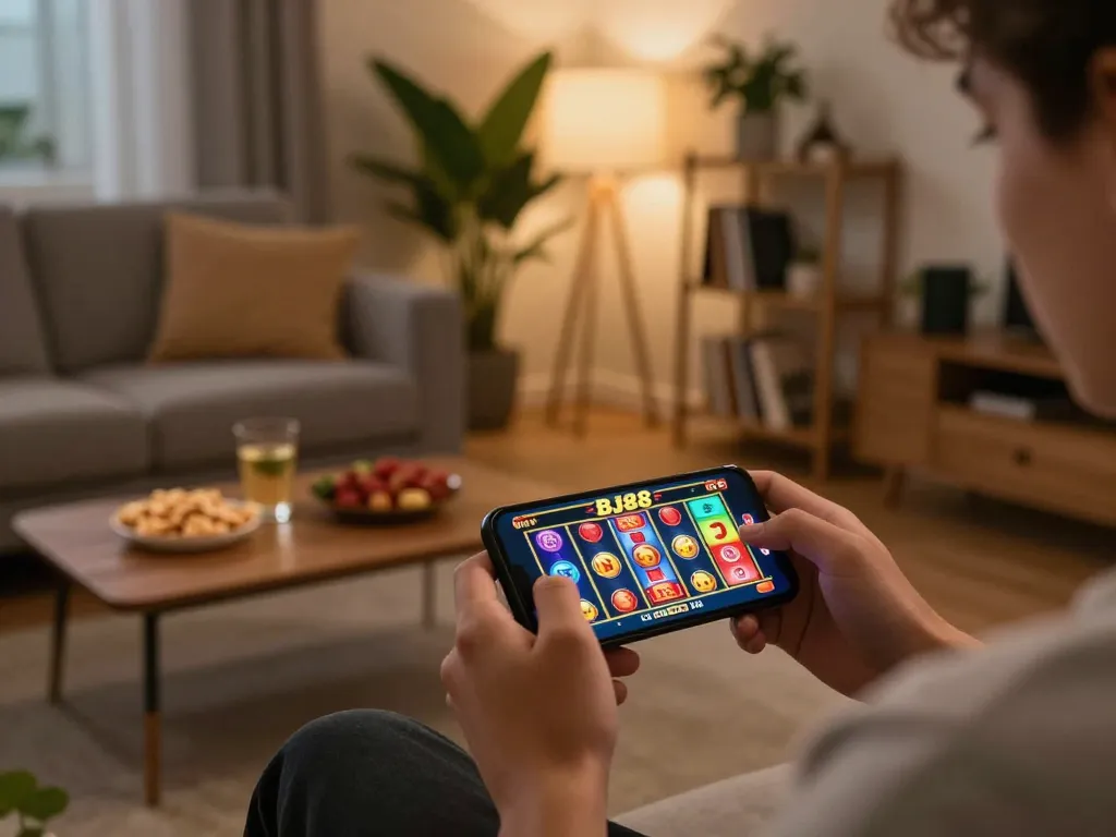 Engaging with BJ88 mobile casino game, showcasing vibrant graphics on smartphone screen in cozy home.
