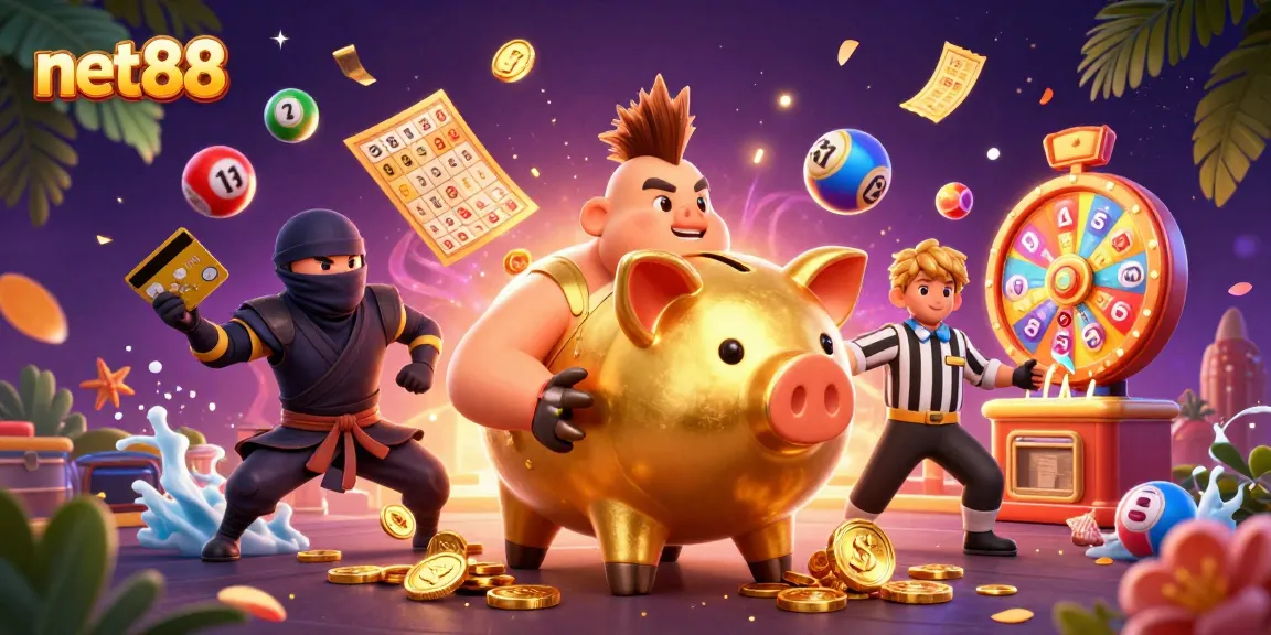 Win big with net88 in this dynamic casino scene featuring vibrant games and characters.
