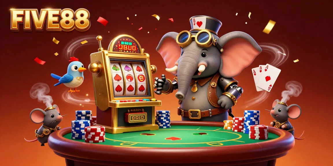 Experience FIVE88's thrilling slot action with a steampunk elephant and vibrant poker elements.
