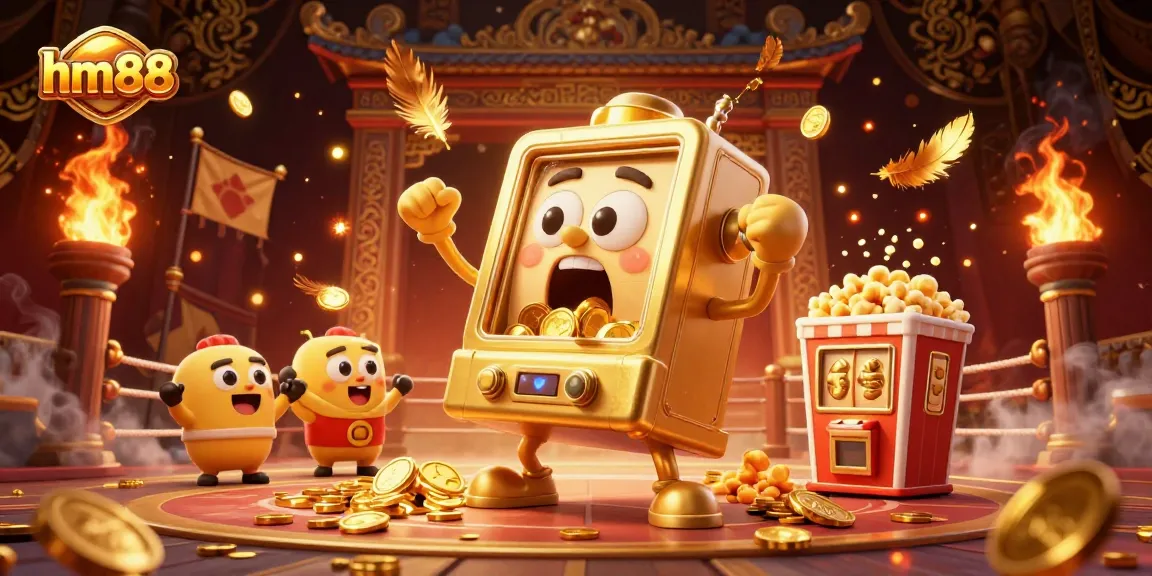 Experience the excitement of hm88 with a cartoon slot machine hitting a jackpot amid gold coins and cheering companions.