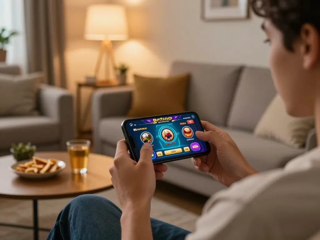 Tải go88 on mobile app displaying vibrant online casino games while enjoying a cozy home atmosphere.